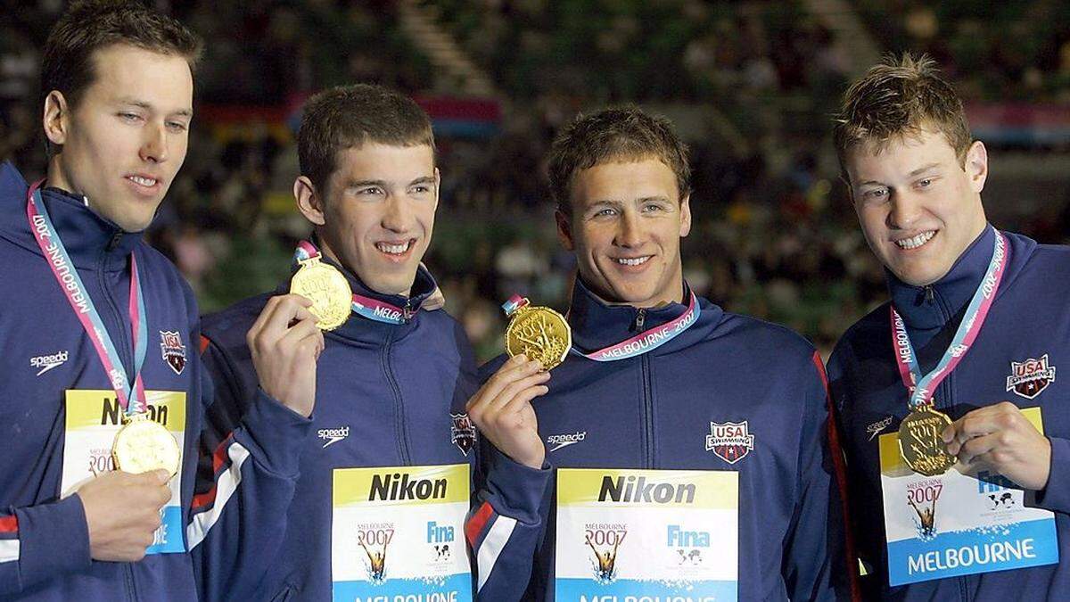 Klete Keller mit Michael Phelps, Ryan Lochte and Peter Vanderkaay