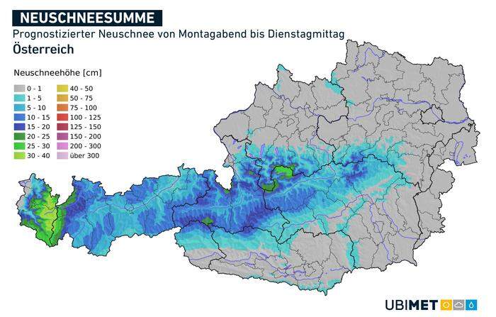 Prognostizierte Neuschneemengen von Montagabend bis Dienstagmittag