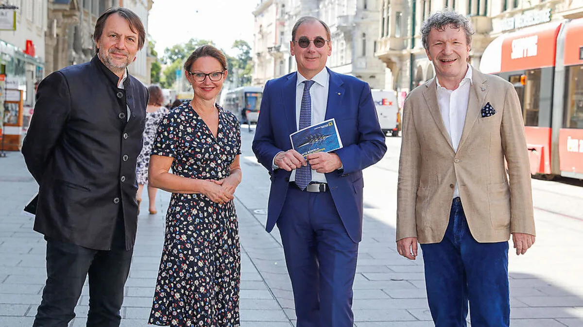 Mathis Huber (Intendant der styriarte), Alexia Getzinger (kaufmännische Direktorin des Universalmuseums Joanneum), Martin Schaller (Generaldirektor der Raiffeisen-Landesbank Steiermark) und Markus Schirmer (künstlerischer Leiter von ar|:s:|onore)