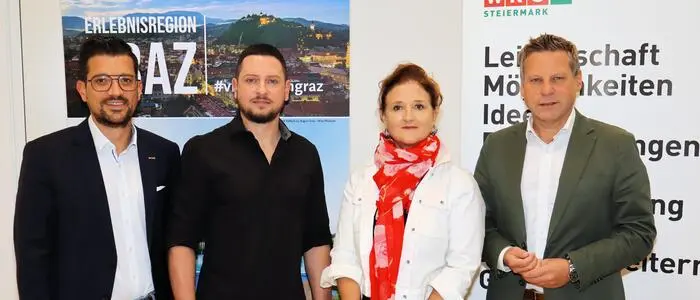 v.l.: WKO-Regionalstellenleiter Lukas Kalcher, Obmann-Stellvertreter Georg Reschen, Erlebnisregion Graz-Geschäftsführerin Susanne Haubenhofer, Finanzreferent Thomas Apfelthaler