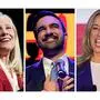 Gewählt wurden die Gouverneursposten in den US-Bundesstaaten Virginia und New Jersey sowie der neue Bürgermeister von New York: Abigail Spanberger in Richmond (links), Zohran Mamdani in New York und Mikie Sherrill in East Brunswick, N.J. (rechts)