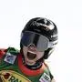 Switzerland's Lara Gut Behrami celebrates at the finish area of an alpine ski, women's World Cup giant slalom race, in Soelden, Austria, Saturday, Oct. 28, 2023. (AP Photo/Gabriele Facciotti)