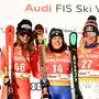 ABD0073_20250111 - ST. ANTON - ÖSTERREICH: (v.l.) Malorie Blanc (2. Platz/SUI), Federica Brignone (1. Platz/ITA) und Ester Ledecka (3.Platz/CZE) auf dem Podest während der Siegerehrung im Rahmen der Abfahrt des Ski alpin Frauen-Weltcups in St. Anton am Samstag 11. Jänner 2025. - FOTO: APA/BARBARA GINDL