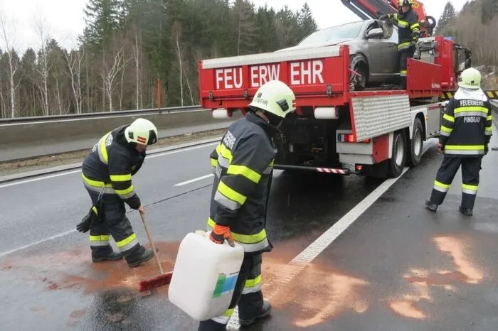 Aus dem Auto ausgeflossene Flüssigkeiten wurden von den Feuerwehrleuten mit Bindemittel entfernt.