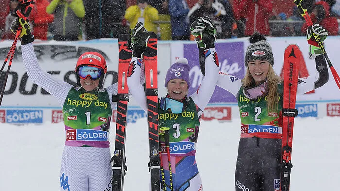 27.10. 2018, Riesentorlauf in Sölden. 1. Tessa Worley (FRA), 2. Frederica Brignone (ITA), 3. Mikaela Shiffrin (USA). Zum Bericht.