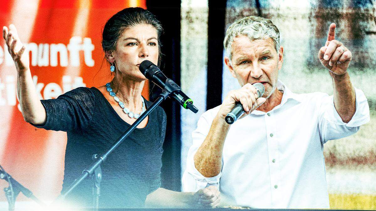 Wagenknecht, Höcke | Sahra Wagenknecht und Afd-Chef Björn Höcke fliegen in Thüringen die Stimmen zu. Auch in Sachsen sind die beiden populisitischen Parteien stark