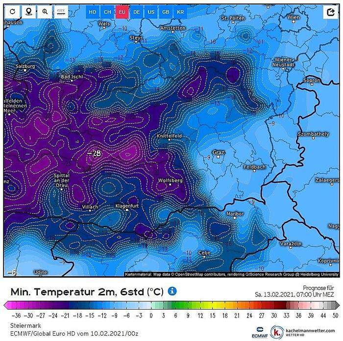 Für Samstagfrüh prognostizieren manche Wettermodelle (hier ECMWF) in der westlichen Obersteiermark Werte von unter minus 20 Grad