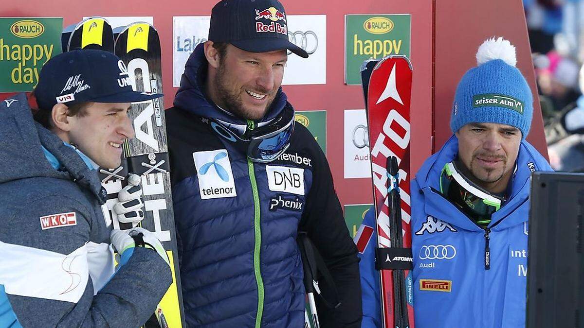 Die Top 3 im Super G von Lake Louise: Mayer, Svindal, Fill (v. l.)