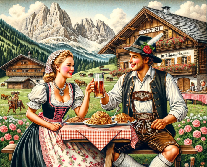 Prompt: Erstelle mir ein Bild einer typischen Osttirolerin und eines typischen Osttirolers. | Wenn aus „Osttirol“ plötzlich „STTTFEROLL“ wird