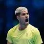 Carlos Alcaraz | Spain's Carlos Alcaraz celebrates after winning against United States' Taylor Fritz during their tennis match of the ATP World Tour Finals, in Turin, Italy, Tuesday, Nov. 11, 2025. (AP Photo/Antonio Calanni)