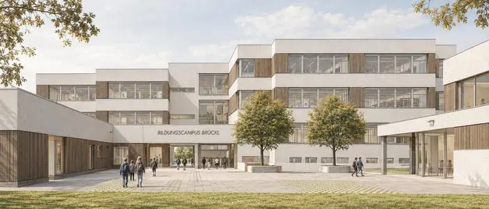 Eine Visualisierung eines neuen, modernen Schulgebäudes.