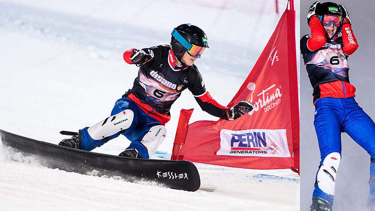 Sabine Schöffmann raste in Cortina zu ihrem dritten Weltcupsieg (l.). Die Freude darüber war riesengroß (r.)