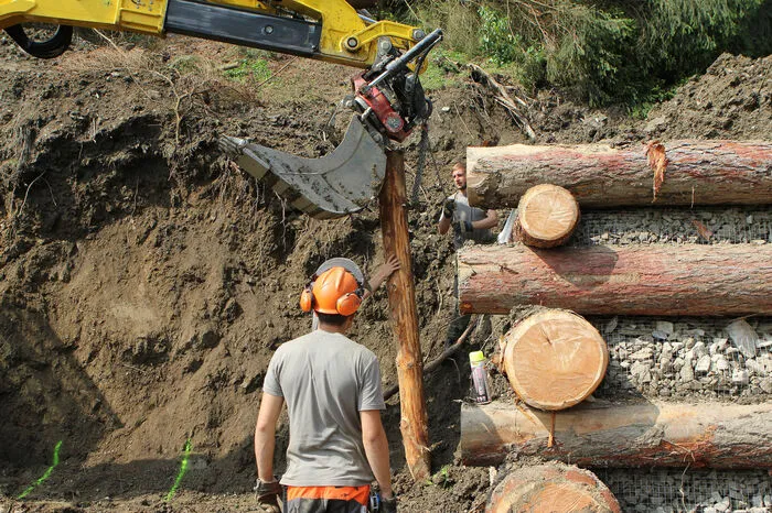 Die Lärchenpfähle werden mit dem Bagger metertief in das Erdreich gedrückt