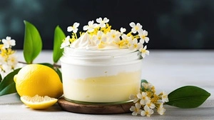 Elder flower dessert in a glass jar with lemon curd and fresh flowers With copyspace for text