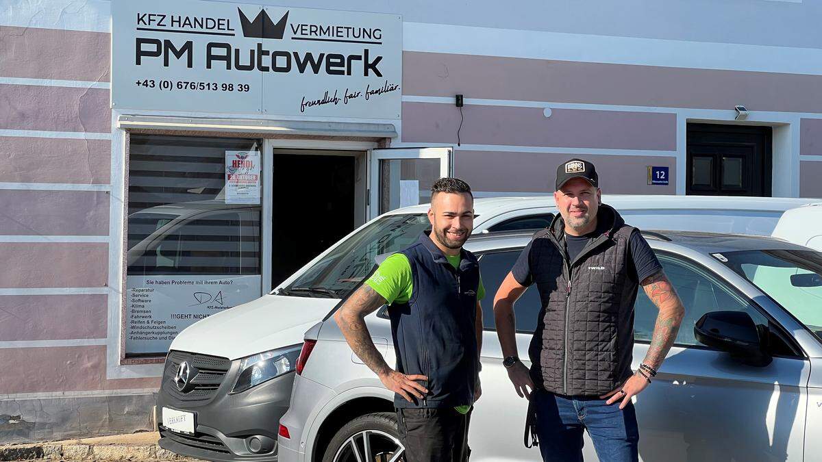 Denis Akdag mit seiner Werkstatt „D.A. KFZ-Meisterbetrieb“ sowie Peter Unterberger mit seinem KFZ-Handel „PM-Autowerk“ (von links) 