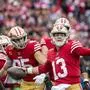 SANTA CLARA, CA - DECEMBER 11: San Francisco 49ers quarterback Brock Purdy 13 celebrates a touchdown in the second quarter of an NFL, American Football Herren, USA game between the San Francisco 49ers and Tampa Bay Buccaneers on December 11, 2022, at LeviÃ•s Stadium, in Santa Clara, CA. Photo by Tony Ding/Icon Sportswire NFL: DEC 11 Buccaneers at 49ers Icon46520221211020