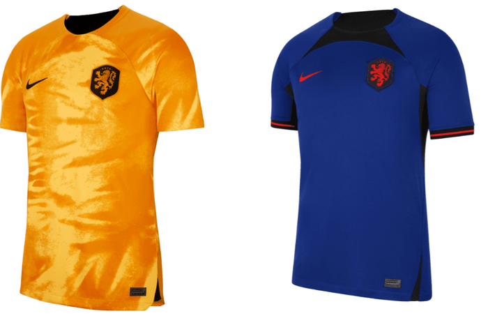 In glänzendem statt wie üblicherweise mattem Orange-Ton bestreitet die Niederlande die WM. Auf der Brust befindet sich der Löwe mit schwarzem Hintergrund. Das Auswärtstrikot ist in dunkelblau gehalten, mit schwarzen Elementen unterhalb des Kragens und der Achseln.
