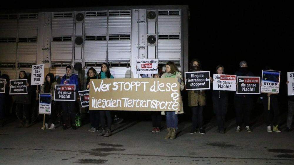 Die Aktivisten vor dem fraglichen Tiertransport