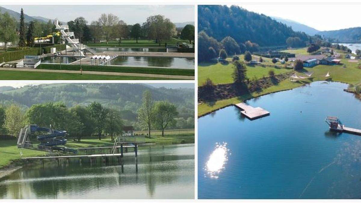 Stadionbad, Naturbadeteich Lavamünd und St. Andräer See (von oben im Uhrzeigersinn)