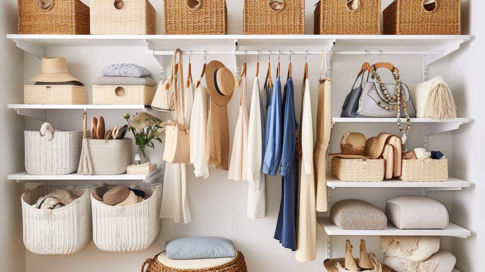a closet with an array of baskets, bins, and hooks for storage, created with generative ai
