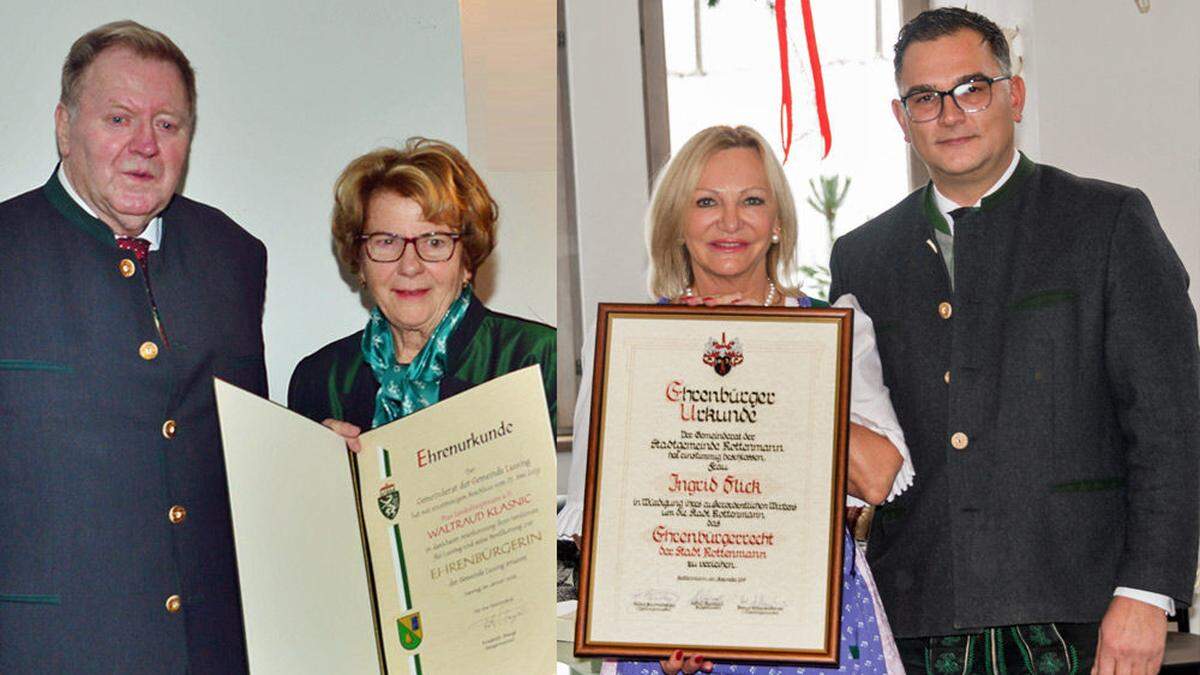 Ehrung für Klasnic auf Burg Strechau, mit dem Lassinger Bürgermeister Friedrich Stangl. Rechts: Ingrid Flick bekam die Ehrenbürgerurkunde von Bürgermeister Alfred Bernhard