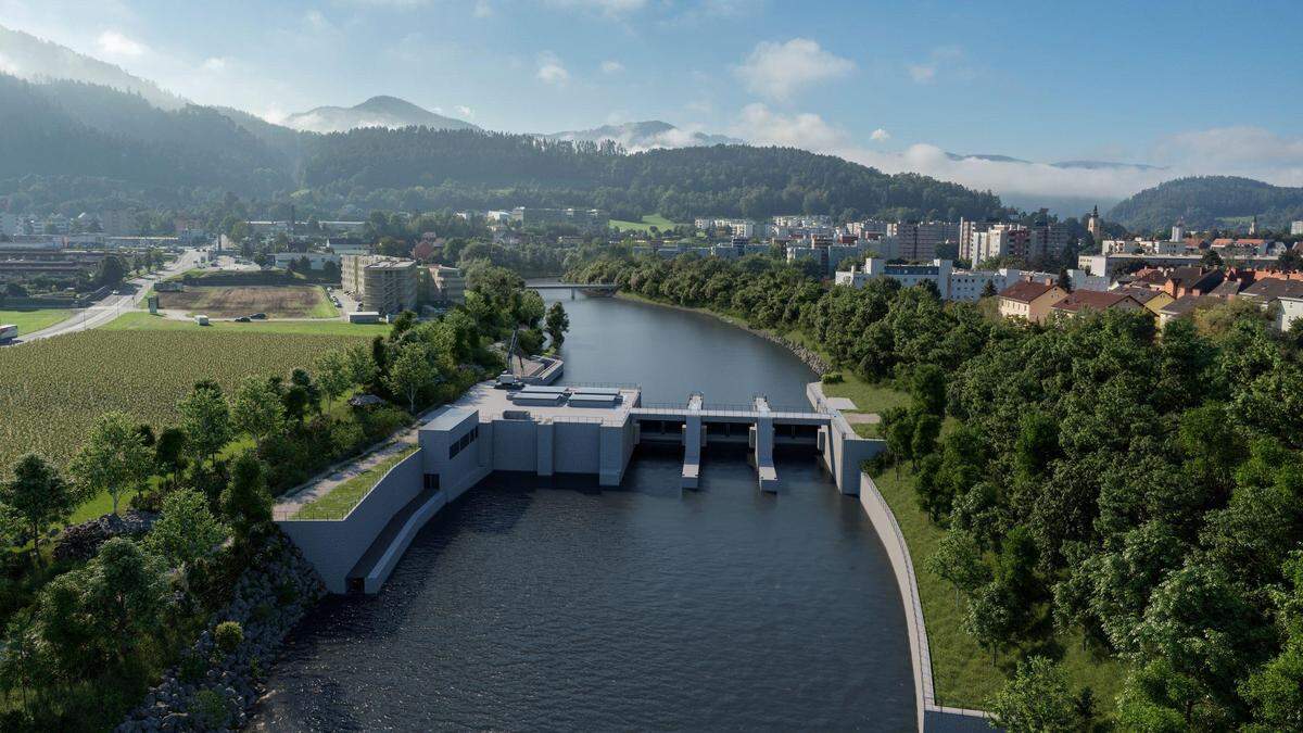 Das geplante Wasserkraftwerk entlang der Mur in Leoben-Ost (Rendering)