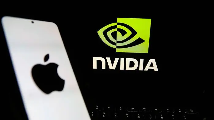 Die Logos von Apple und Nvidia auf schwarzem Hintergrund