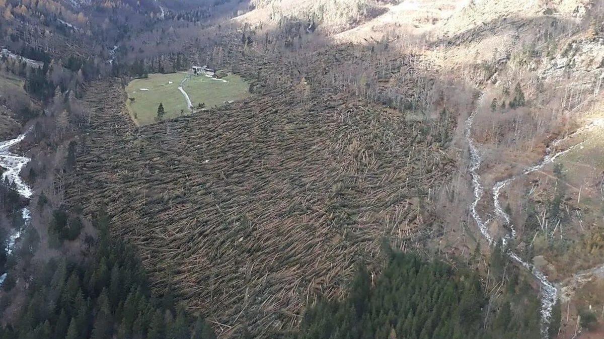 Bei einem Erkundungsflug des Bundesheeres zeigt sich das Ausmaß der Schäden aus der Luft 