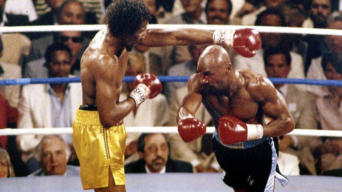 Hagler (rechts) 1985 gegen Hearns in &quot;The War&quot;