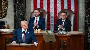 President Donald Trump addresses a joint session of Congress as Vice President JD Vance and House Speaker Mike Johnson listen at the U.S. Capitol in Washington DC on Tuesday, March 4, 2025. PUBLICATIONxINxGERxSUIxAUTxHUNxONLY WAP20250304611 ANNABELLExGORDON