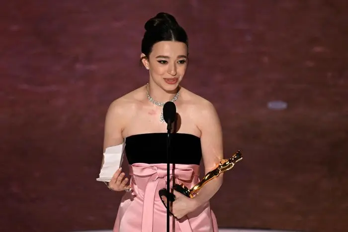 US actress Mikey Madison accepts the award for Best Actress in a Leading Role for 