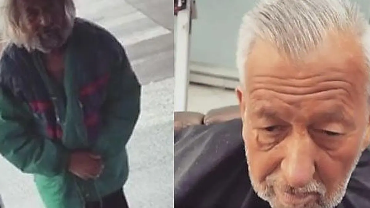 Der Mann vor und nach dem Gratis-Haarschnitt