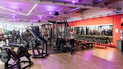 Blick in ein Fitness-Studio mit zahlreichen Geräten und einer Spiegelwand