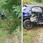 Linkes Bild: So fanden die Arbeiter den Pkw im Wald. An dem Fahrzeug entstand Totalschaden