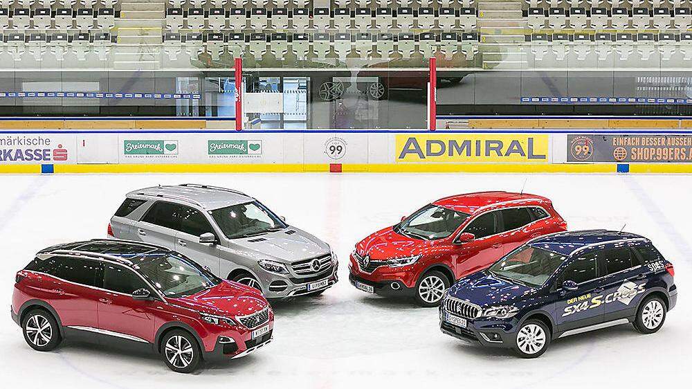 SUV-Palette: Peugeot 3008, Mercedes GLE, Renault Kadjar und Suzuki SX4 S-Cross