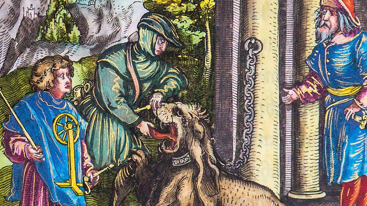 Theuerdank: Der heldenhafte Maximilian zerrt an der Zunge eines Löwen 