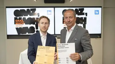 „Graz, mach was“: Die IV-Geschäftsführer Christoph Robinson und Präsident Kurt Maier mit ihrem Maßnahmenpaket