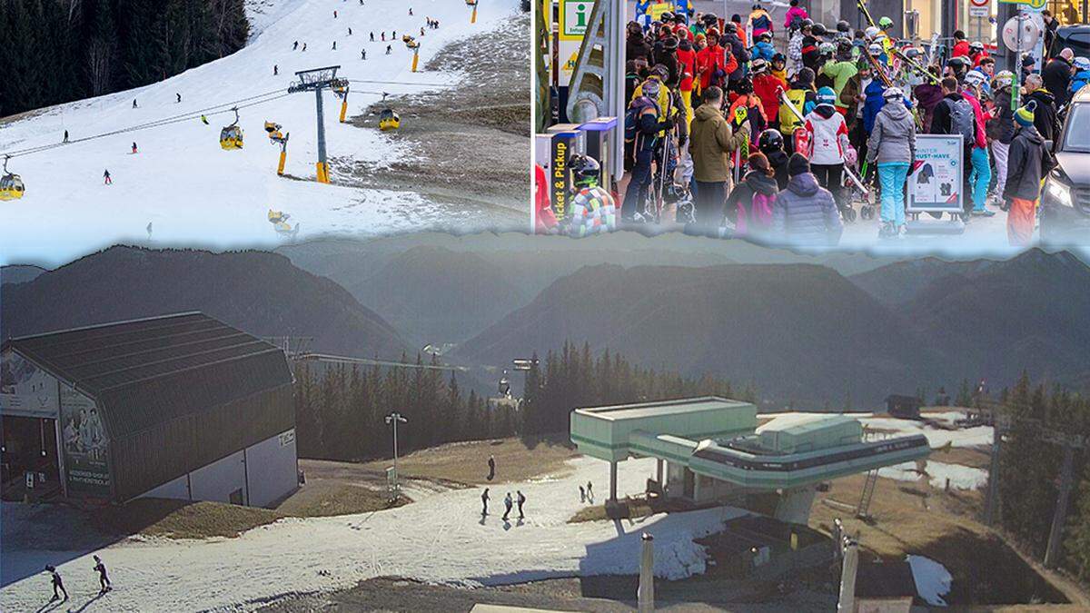 Szenen einer Skiwoche: Zwischen Ansturm auf große Ennstaler Skiberge bis zu massiv wegtauenden Pisten in mittleren Höhen und Zwangspausen erster kleine Lifte