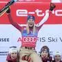Austria's Cornelia Huetter celebrates winning an alpine ski, women's World Cup super-G race, in Altenmarkt-Zauchensee, Austria, Friday, Jan. 12, 2024. (AP Photo/Giovanni Auletta)