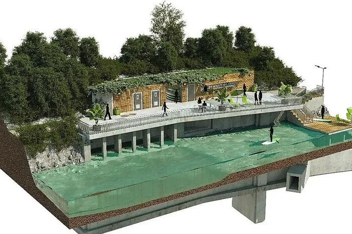 Der "Stadtbalkon" bei der Radetzkybrücke ist eigentlich ein Wartungs- und Entlüftungsbau für den Zentralen Speicherkanal. Es wird dort aber auch ein öffentliches WC und ein Kiosk geben, möglicherweise auch Wassersport. Kosten: 180.000 Euro.