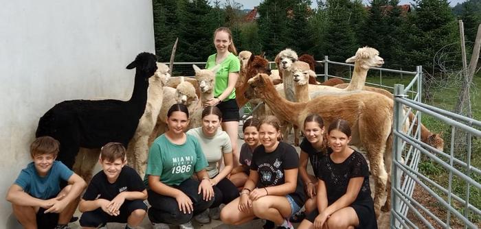 Die Jugendgruppe des Roten Kreuzes Stainz mit den Alpakas