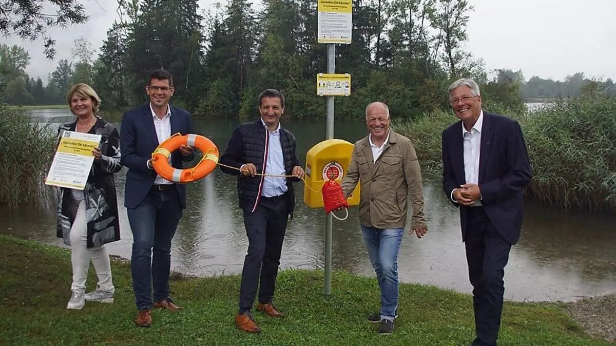Helga Seeber, Martin Gruber, Volker Bidmon, Ingo Appé und Peter Kaiser eröffneten den freien Seezugang am Reßniger Badeteich. 