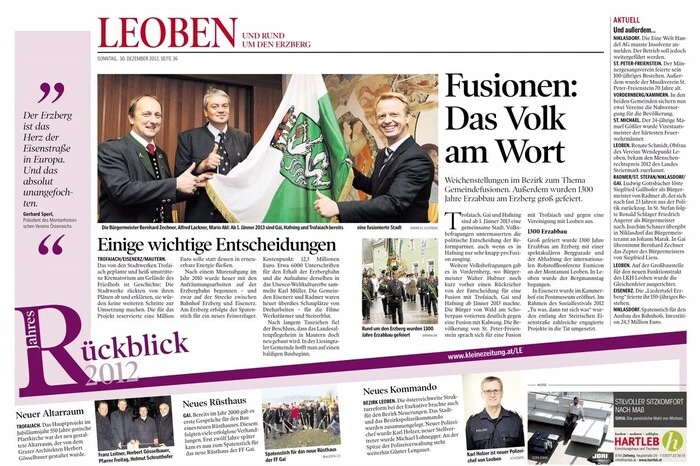 Die Gemeindefusionen liefen im Bezirk Leoben sehr friedlich ab: Trofaiach, Gai und Hafning waren Vorreiter:https://www.kleinezeitung.at/steiermark/leoben/4012723/Rueckblick-2012_Fusionen_Das-Volk-am-Wort 
