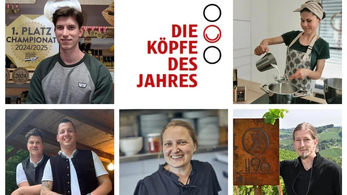 Sie sind als Köpfe des Jahres aus der Süd- und Weststeiermark in der Kategorie Gastgeber nominiert: Clemens Lackner, Johanna Plos, Reinhard Muster, Birgit Preschan sowie Wolfgang Seidler und Kevin Resch (im Uhrzeigersinn)