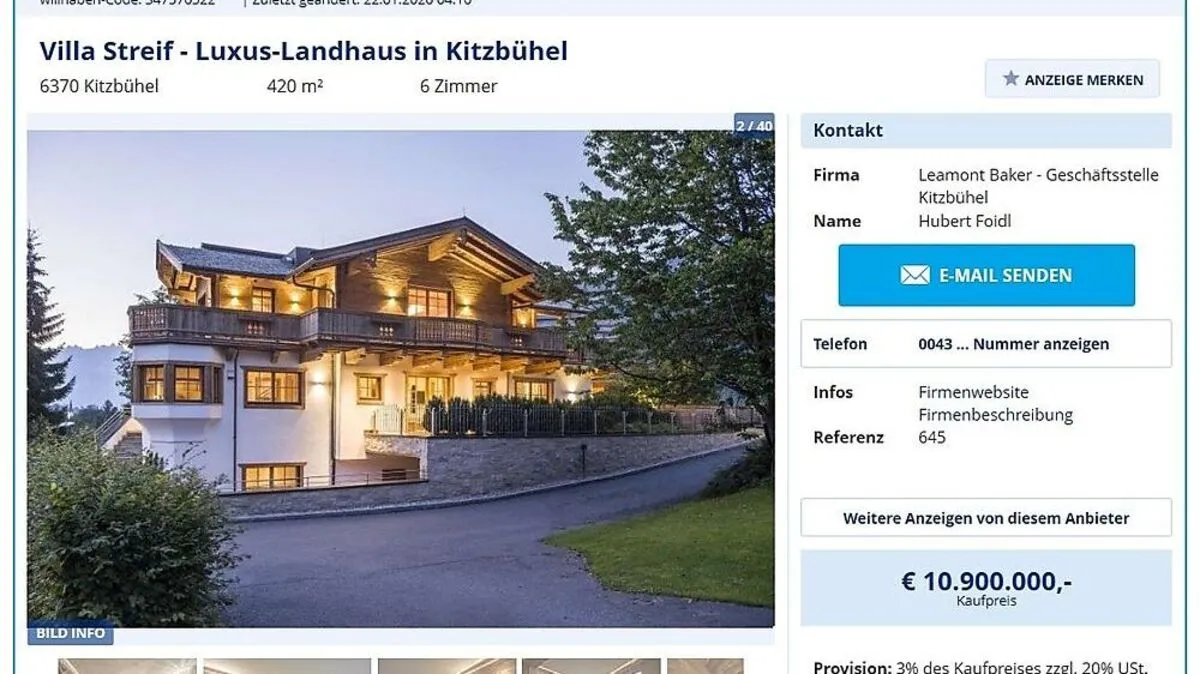 Die "Villa Streif" bei Willhaben um 10,9 Millionen Euro angeboten