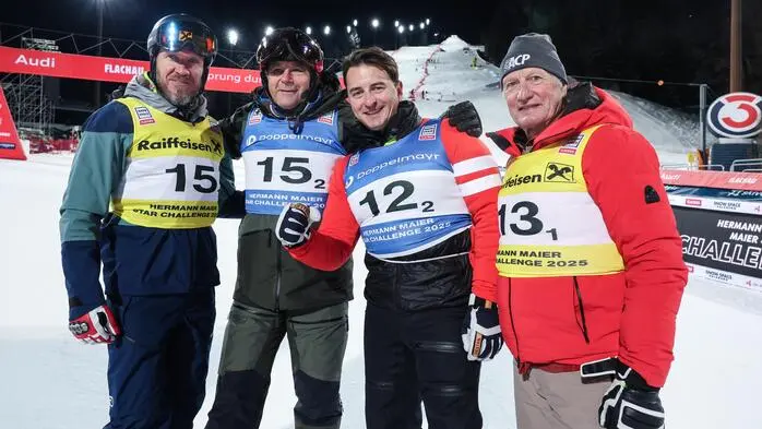 Traditionell lud Ski-Legende Hermann Maier vor dem Nachtslalom in Flachau zum Promirennen für den guten Zweck. Im Bild:  Hermann Maier, Gerhard Berger, Andreas Gabalier und Franz Klammer