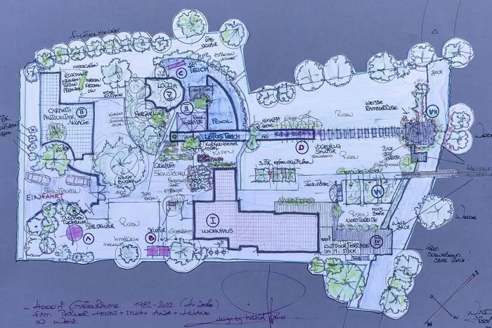 Nach den Plänen von Sylvia und Helmut Perner wurde der Garten im Laufe der Jahre immer wieder umgestaltet. Dieser Plan zeigt, wie er aktuell aussieht.
