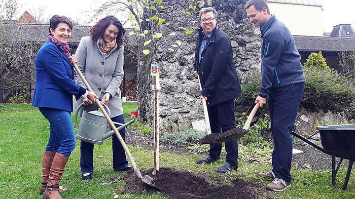 Baum gepflanzt: Helga Brunschmied, Vizepräsidentin der Landwirtschaftskammer, Ingrid Felipe, Clemens Enthofer und Gregor Semmelhofer vom Gartenbauverband