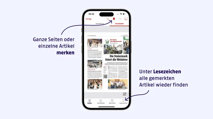 Lesezeichen | Ganze Zeitungsseiten oder einzelne Artikel merken