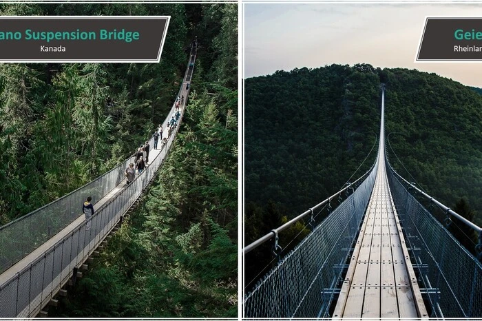Capilano Suspension Bridge vs. Geierlay.Capilano Suspension Bridge: Auf in die weite Wildnis von Kanada! Die frei schwingende Seilbrücke Capilano Suspension  Bridge macht es möglich, die Wälder von North Vancouver zu entdecken. Ganze 136 Meter lang, überspannt sie den Capilano River in 70 Metern Höhe.Geierlay: Im Herzen des Hunsrück sorgt die sogenannte Geierlay für Nervenkitzel und Adrenalinschübe. Mit einer Länge von 360 Metern ist die Brücke mehr als doppelt so lang wie ihr kanadischer Zwilling. In schwindelerregender Höhe von 100 Metern überragt die Geierlay-Brücke das Mörsdorfer Bachtal und verbindet damit die Ortsgemeinden Mörsdorf und Sosberg.